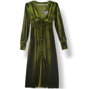JILLUMI Dress Womens Small Green Velvet Long Sleeve V Neck Button Whimsical Goth